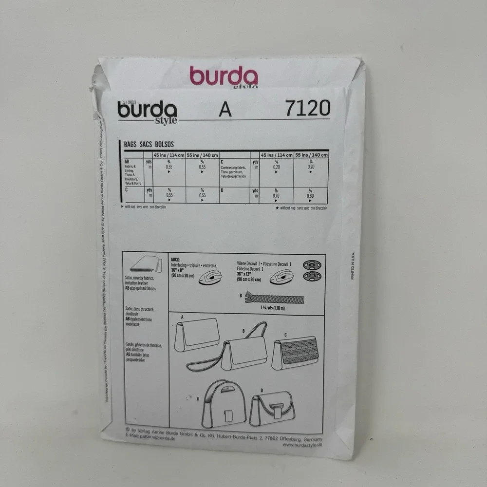 Burda Sewing Pattern 7120 Clutch Bag - 5 Styles 2013 UNCUT FF